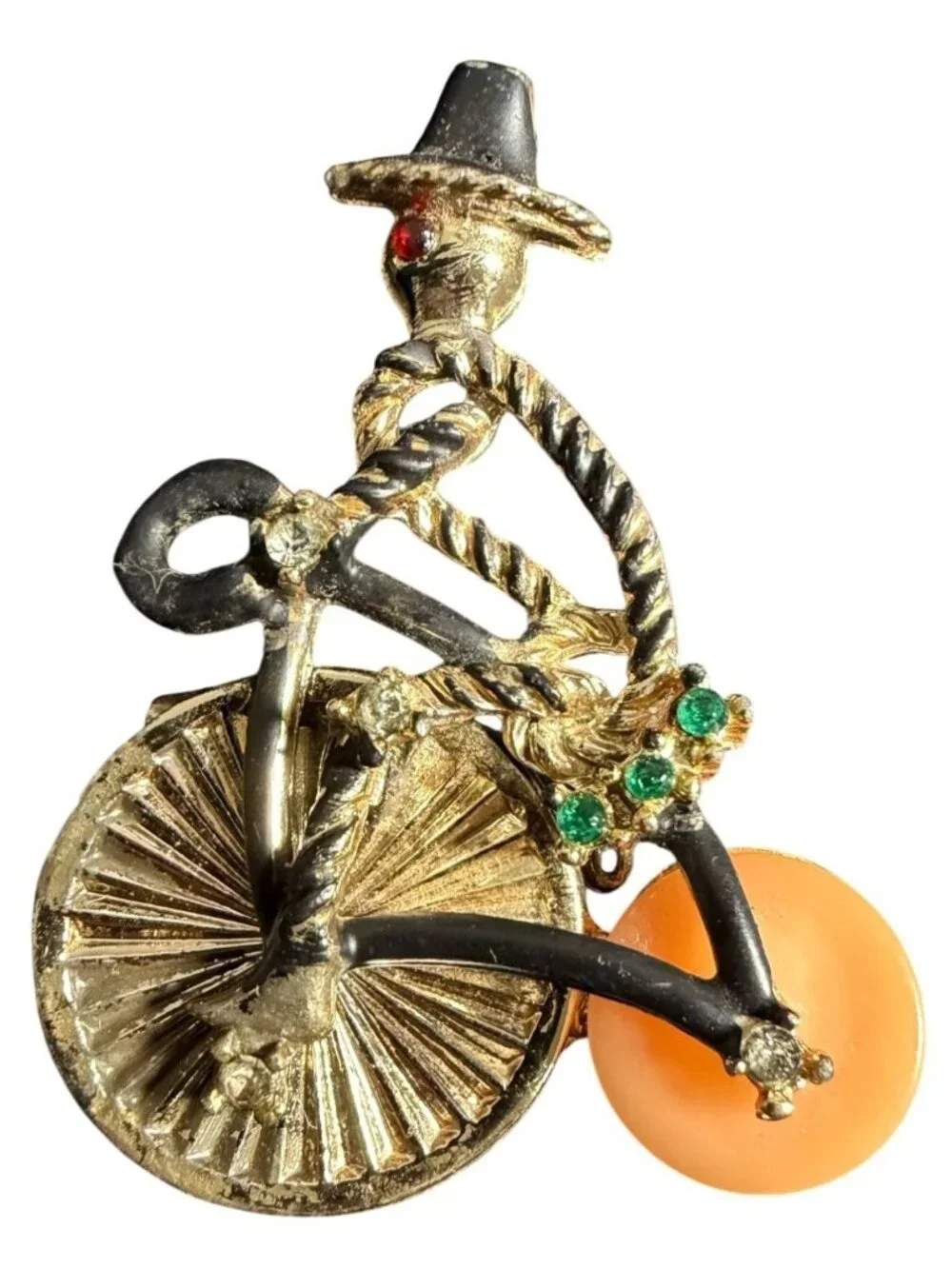 Vintage Gold Tone Penny Farthing Bicycle Brooch Pin Celluloid Wheel Rhinestone